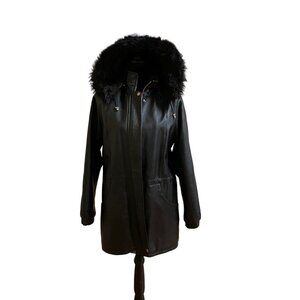 Liz Phillips Collection Black Leather Hooded Jacket W/ Faux Fur Trim S